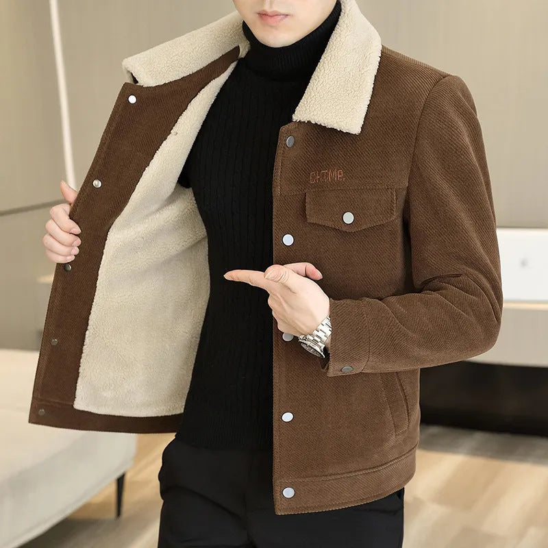 Men's Lapel Pure Color Ribbon Fur Collar Fleece Warm Jacket